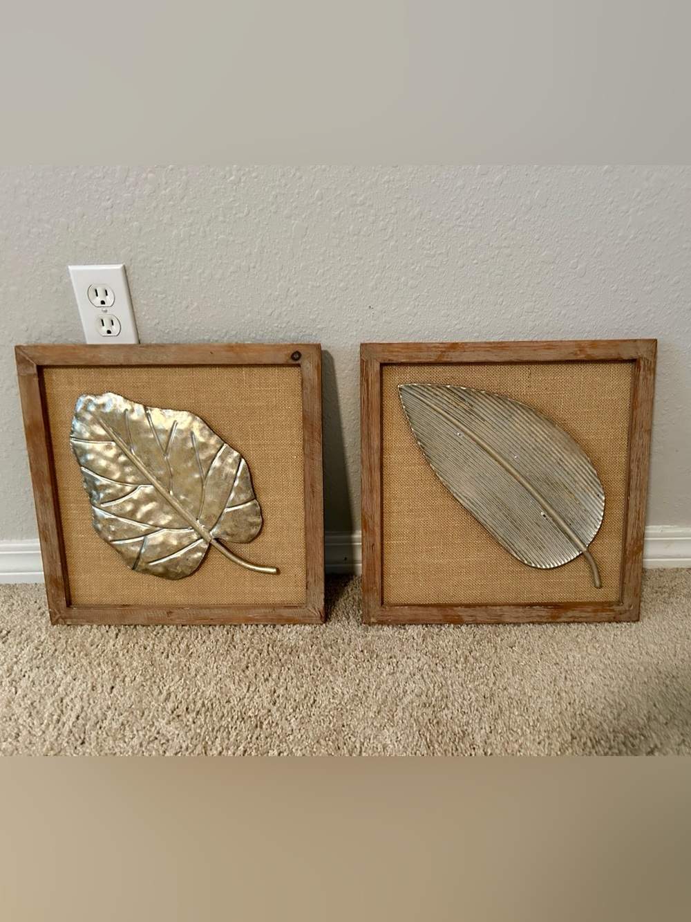 Set of 2 Framed Leaf Wall Art - Gold Leaves on Burlap